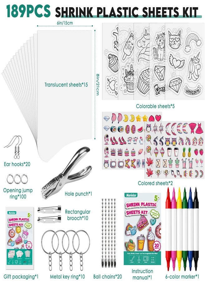 Nariolar 189Pcs Shrinky Plastic Sheets Kit Includes 22 Shrinking Paper, 6 Colored Markers, 160 Keychain Accessories, and a Hole Punch for Creative Crafts - Image 2